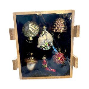 Vintage 6 Blown Glass Christmas Woodland Bird Acorn‎ Ornaments Santas Workbench